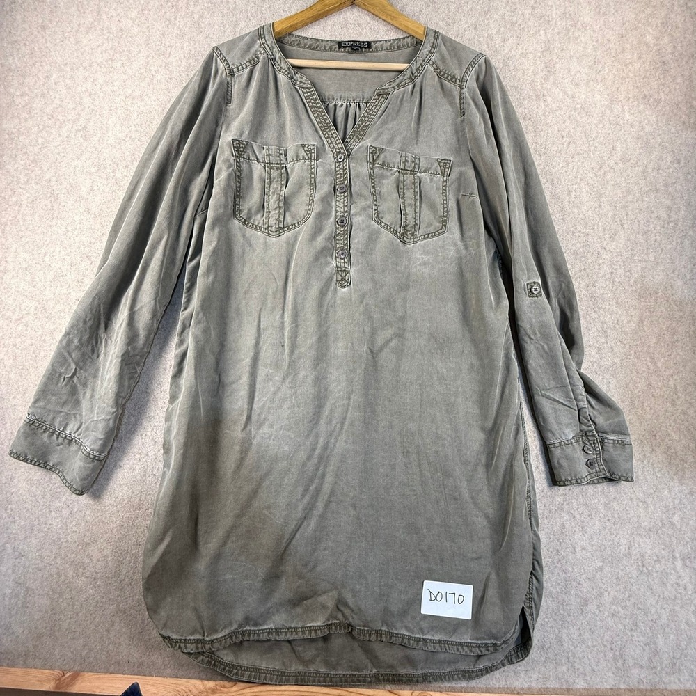 Express Womens Olive Green Long Sleeve Button Front Tunic Mini Dress Size M